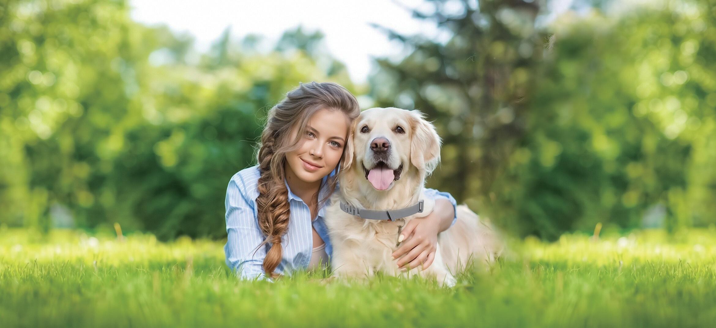 Woman and golden retriever relaxing together outdoors in tall grass